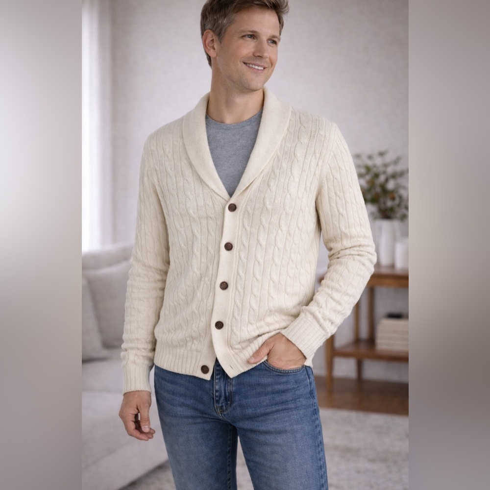 VTG 417 Van Heusen Mens Cream Cable Knit Shawl Collar Cardigan Sweater M‎